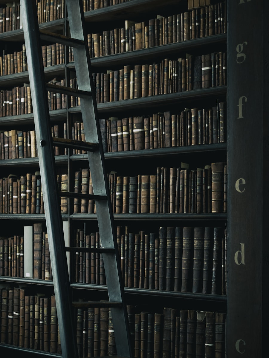 Estante de biblioteca clássica com escada de madeira