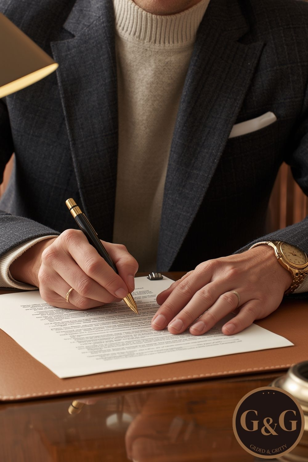 Profissional assinando um documento em uma mesa de escritório, com caneta tinteiro