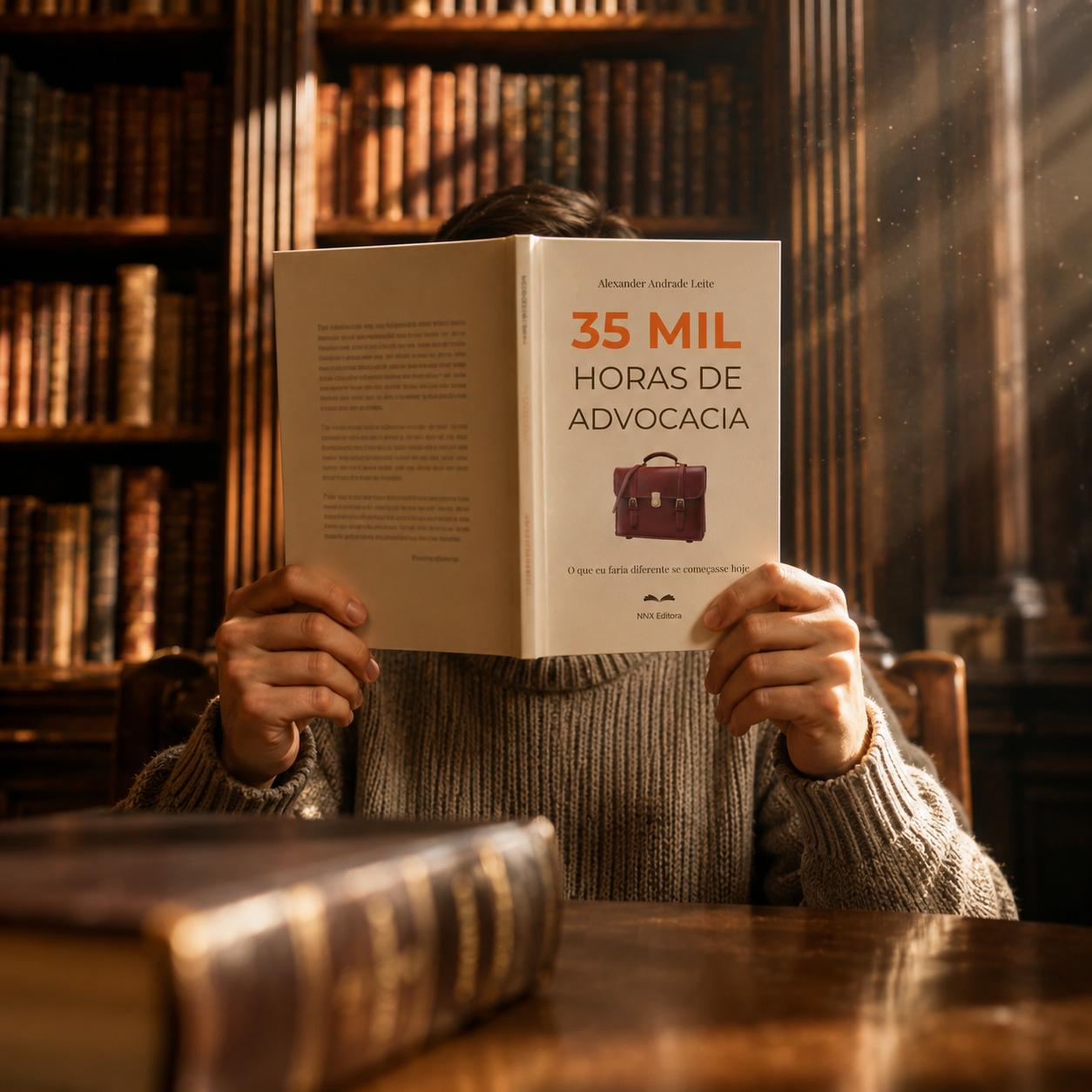 Leitor em uma biblioteca com o livro 35 Mil Horas de Advocacia, de Alexander Andrade Leite